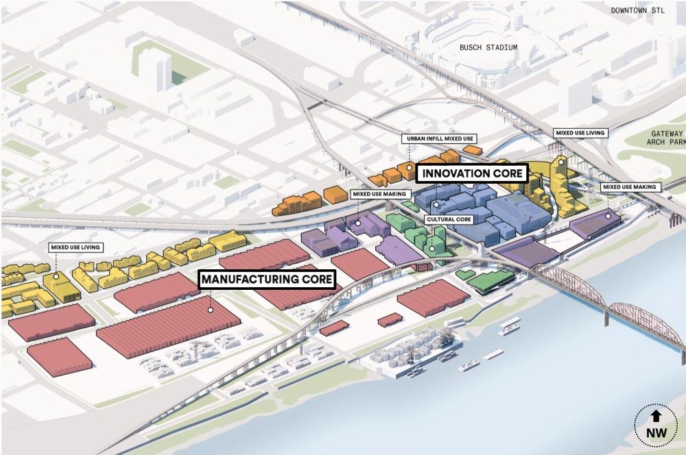 District character zones map showing the Innovation Core to the north and Manufacturing Core to the south