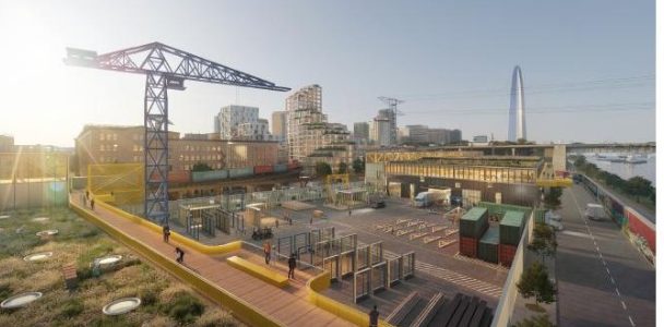 Rendering: activated industrial yards with crane and rooftop boardwalk