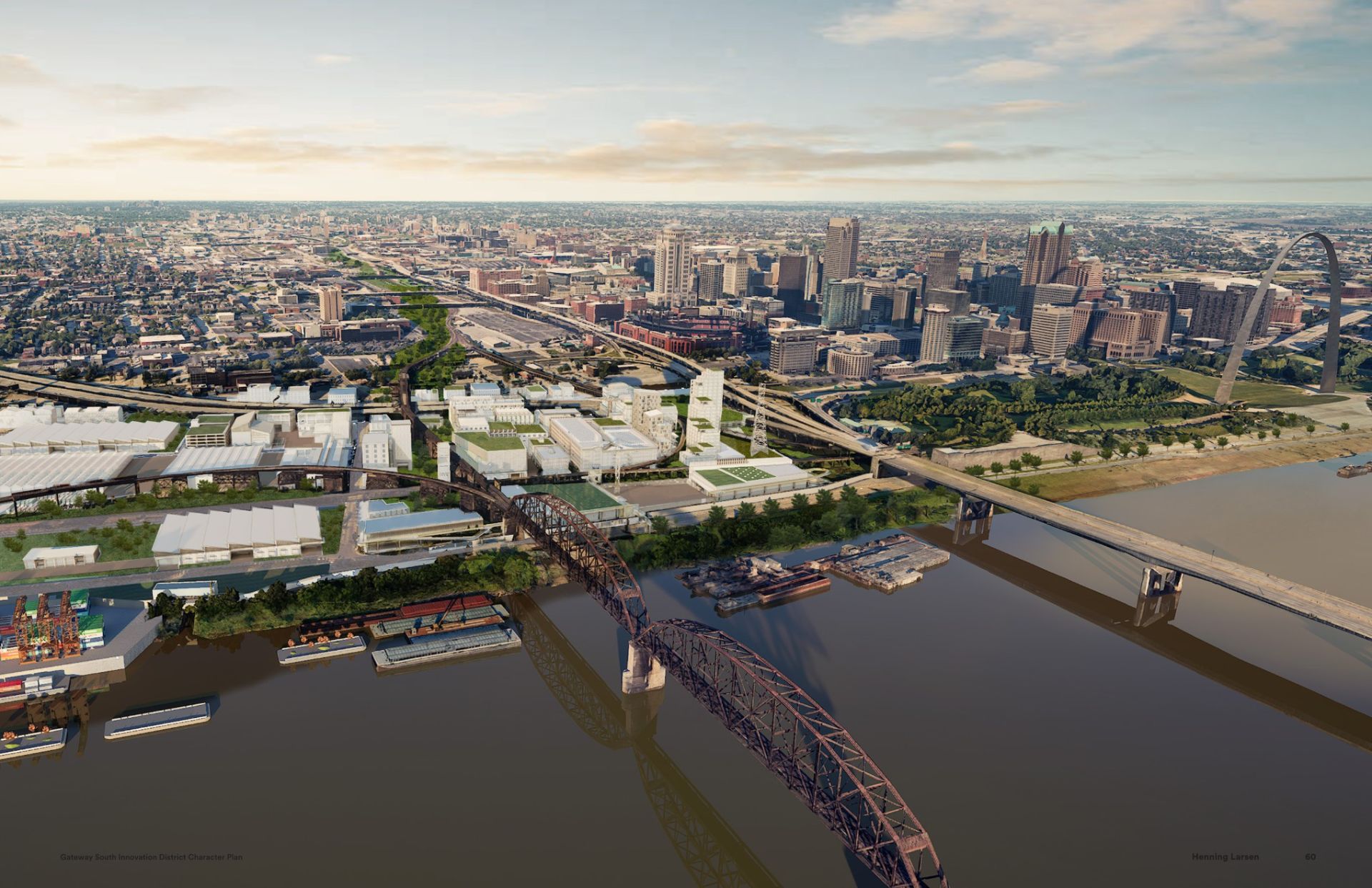 Aerial rendering of the fully built Gateway South district on the Mississippi riverfront, with downtown St. Louis and the Gateway Arch beyond