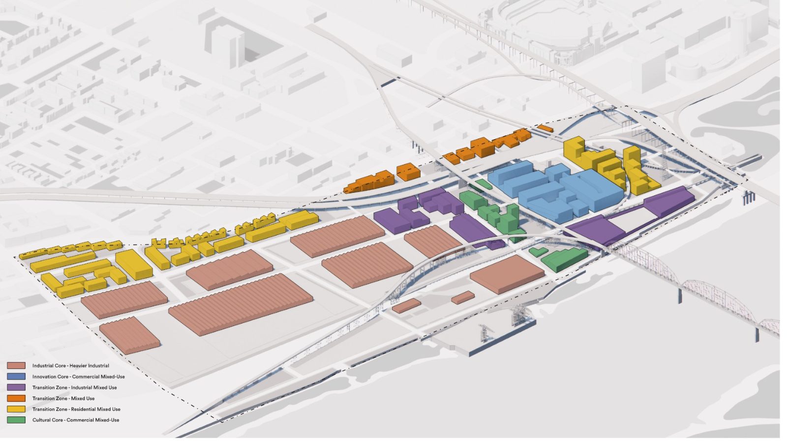 Complete build-out massing model colored by character zone: Innovation Core in blue, industrial in red, residential mixed-use in yellow, cultural core in green