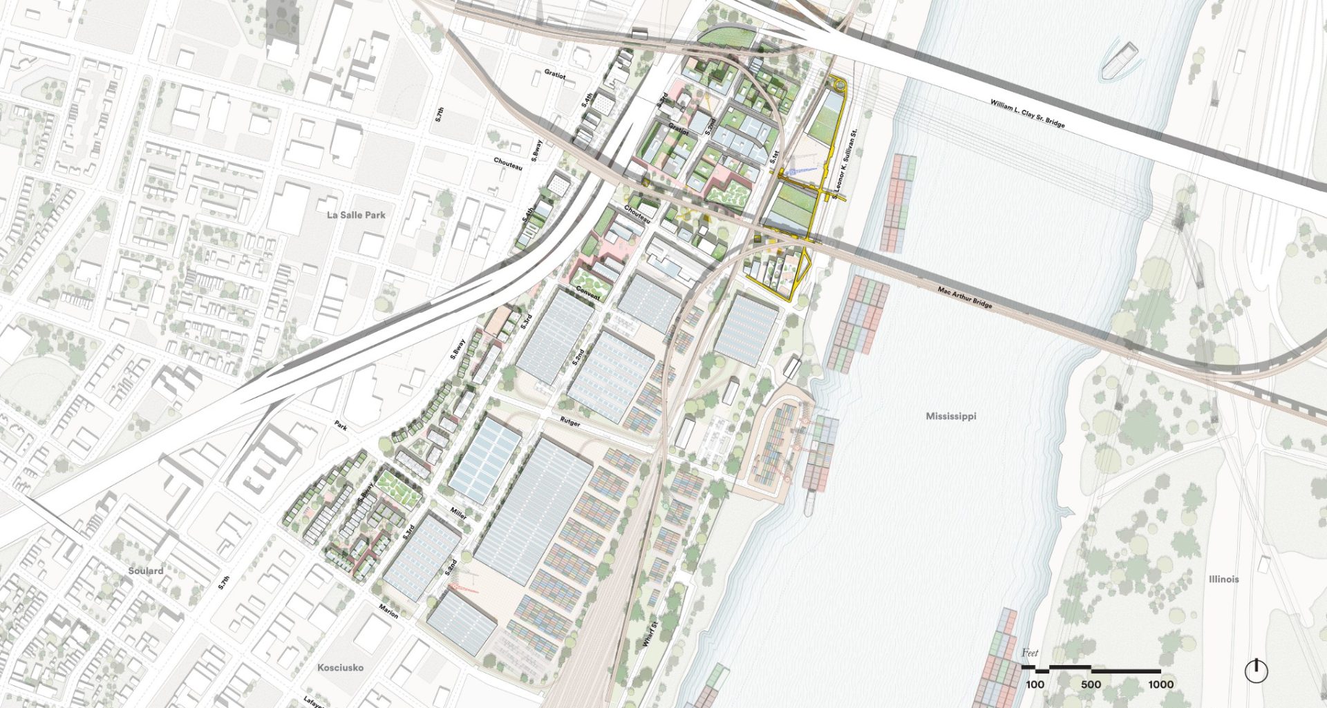 Full-vision master plan map of Gateway South, from the Arch grounds south along the Mississippi