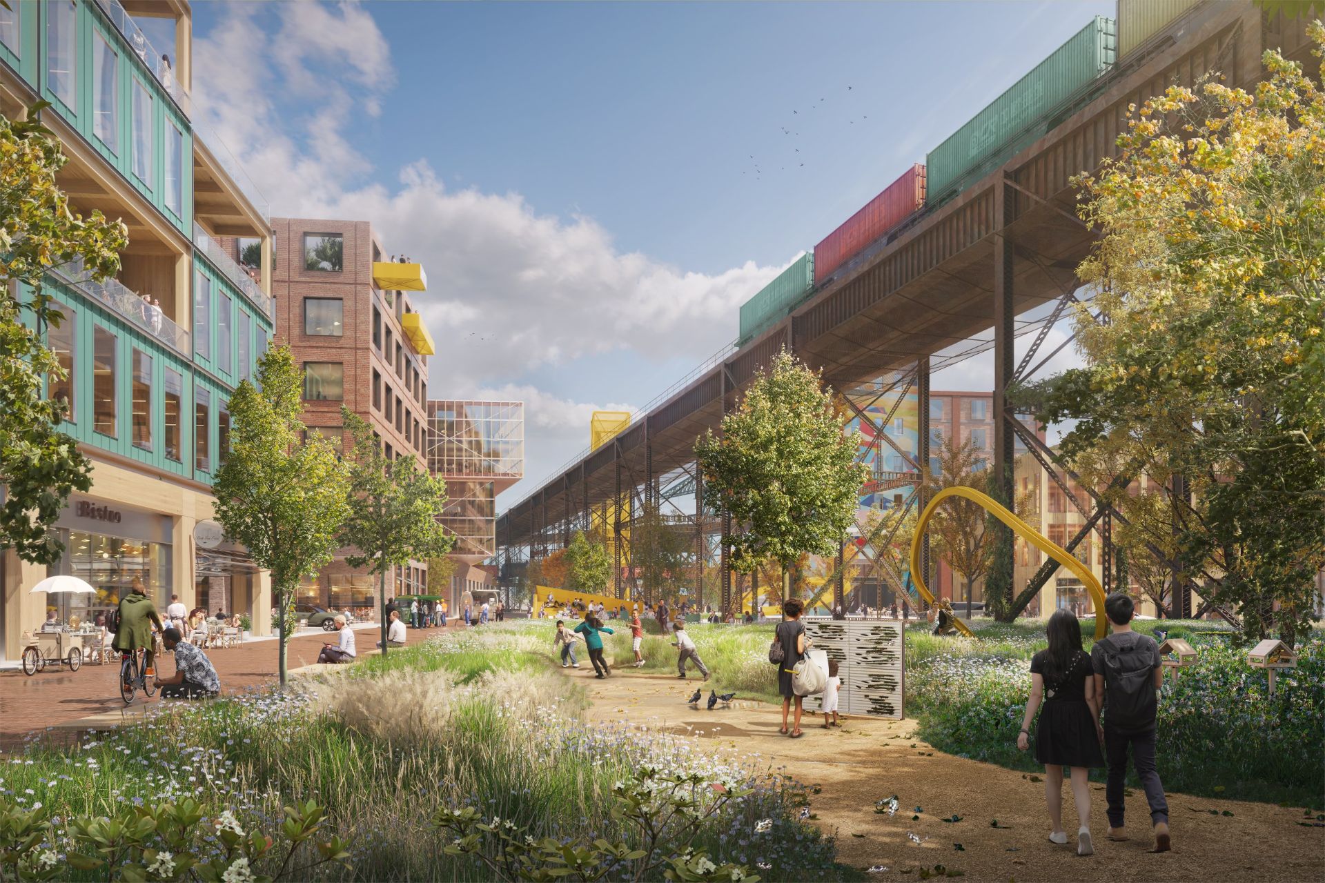Rendering of the cultural core: rehabilitated brick buildings around a public square