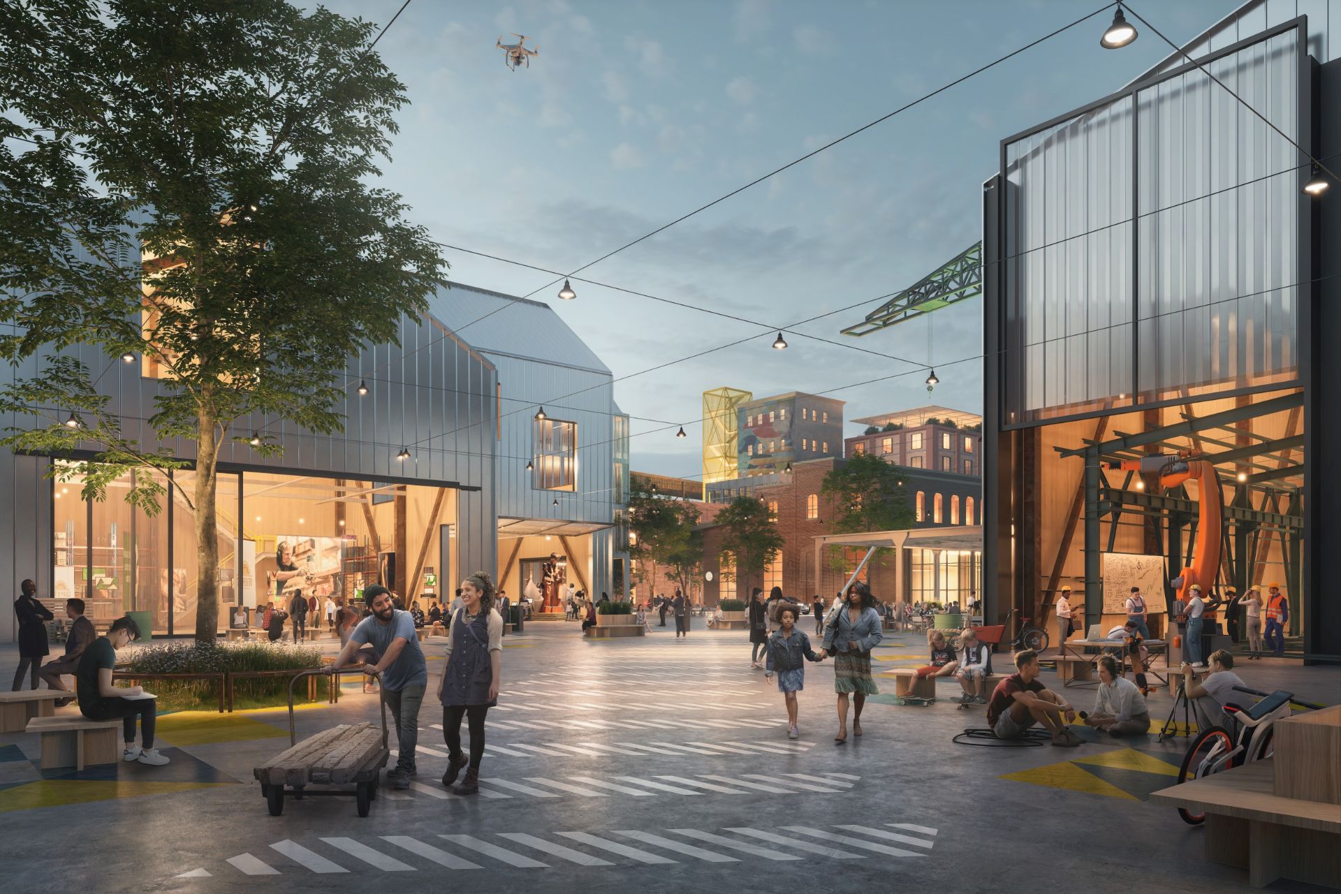 Rendering of Maker's Alley: community workshops spilling onto a shared street at dusk