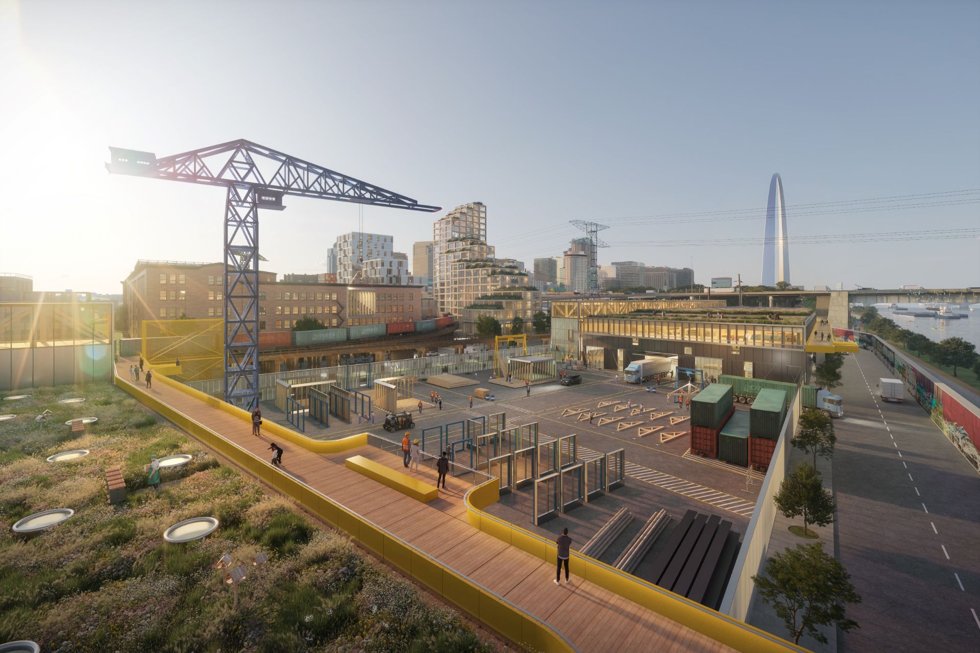 Rendering of the riverfront industrial yards with gantry crane and elevated boardwalk